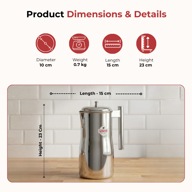VINOD Stainless Steel Magnum Water Pitcher / Jug with Cover - 1700 ml, Mirror Finish, Sturdy Tough Build, Dishwasher Safe, Leak Free