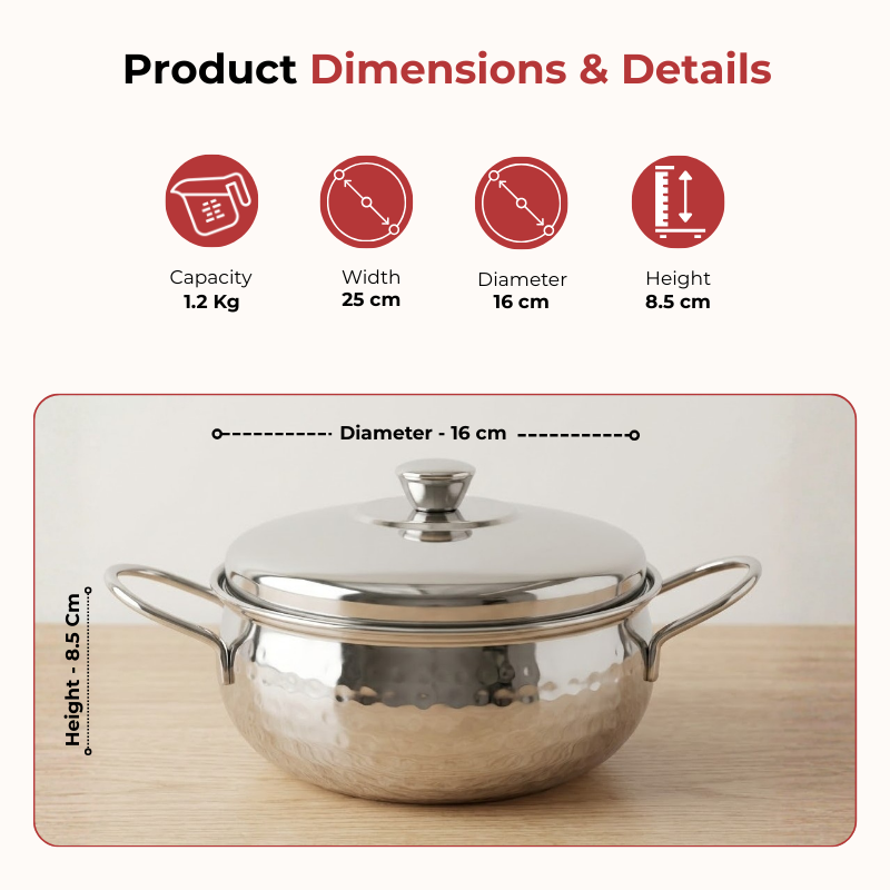 Vinod Stainless Steel Milano Hammered Serving Casserole With Steel Lid & Side Handle 1230 ml, 16 cm