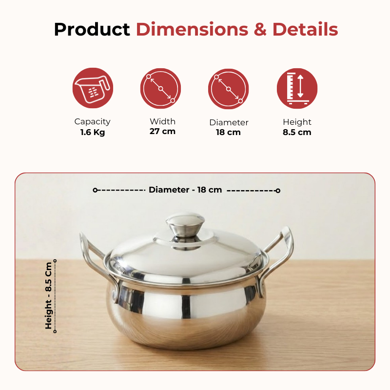 Vinod Stainless Steel Milano Plain Serving Casserole With Steel Lid & Side Handle - Set of 2 Pcs - 1230 ml & 1630 ml - 16 cm & 18 cm