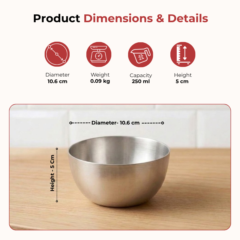 Vinod stainless steel two tone bowl set of 6 pieces, 250 ml, dimension chart