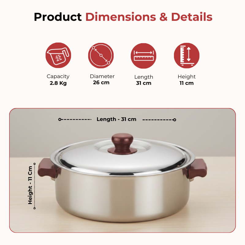 Vinod Stainless Steel Multipurpose Hot Casserole with lid, 2800 ml Capacity, dimension chart