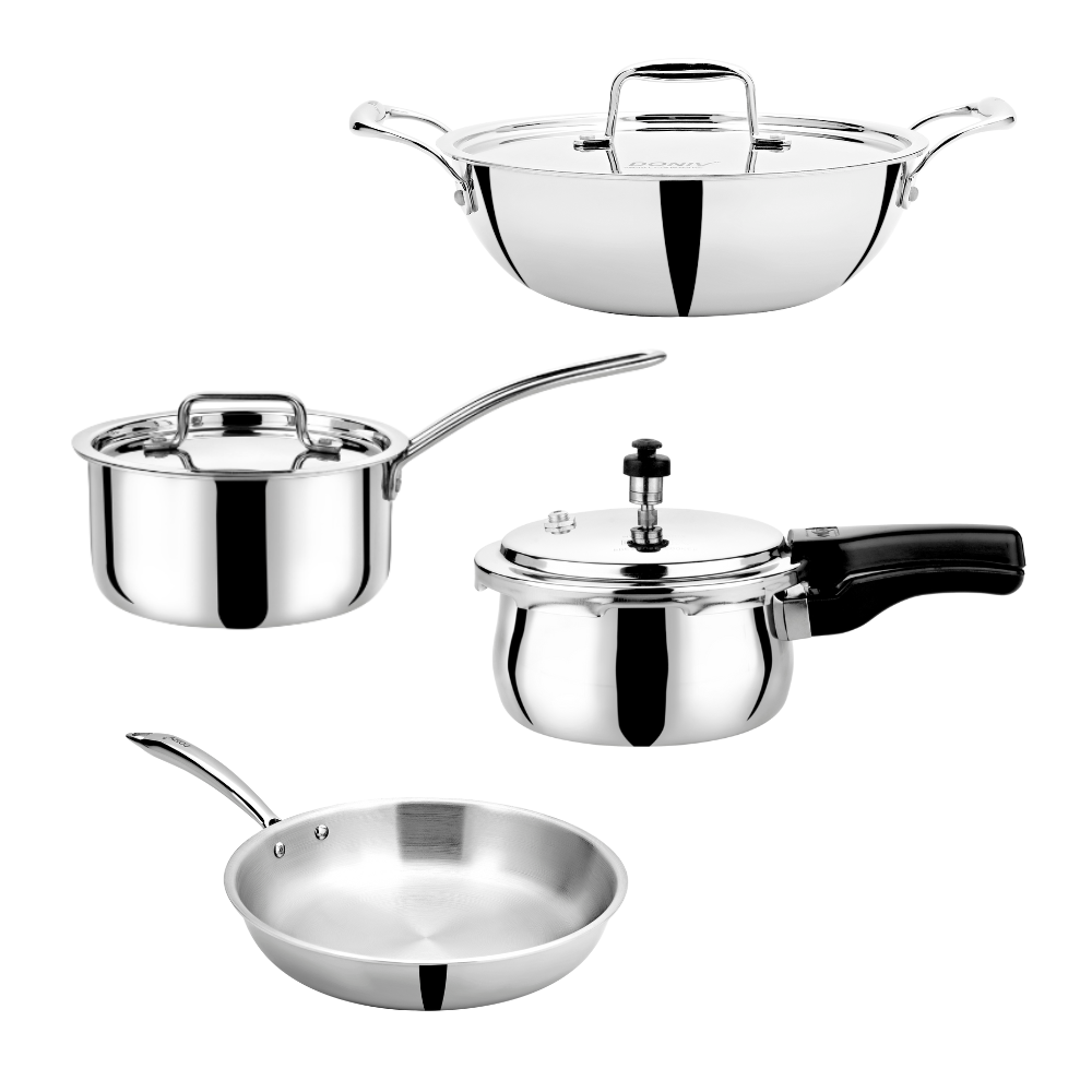 VINOD Doniv Titanium Triply Stainless Steel 4 Piece Large Cookware Set & Pressure Cooker, Kadai, Sauce Pan, Frypan