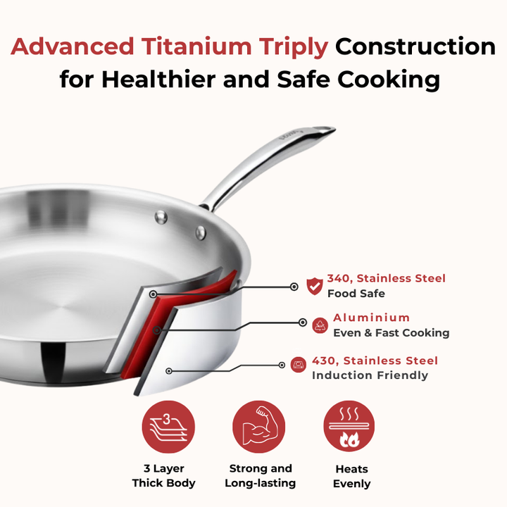 VINOD Doniv Titanium Triply Stainless Steel Fry Pan 20 cms, Induction Friendly