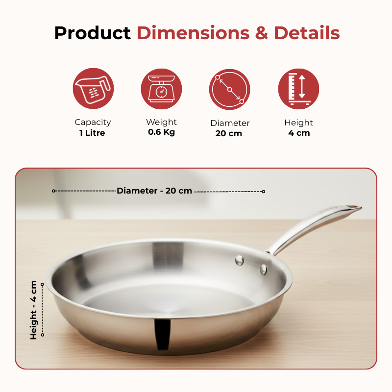 VINOD Doniv Titanium Triply Stainless Steel Fry Pan 20 cms, Induction Friendly