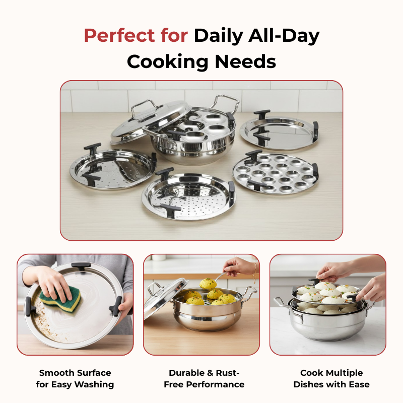 Vinod Doniv stainless steel induction bottom multi kadhai with 5 cooking plates, easy to use highlight