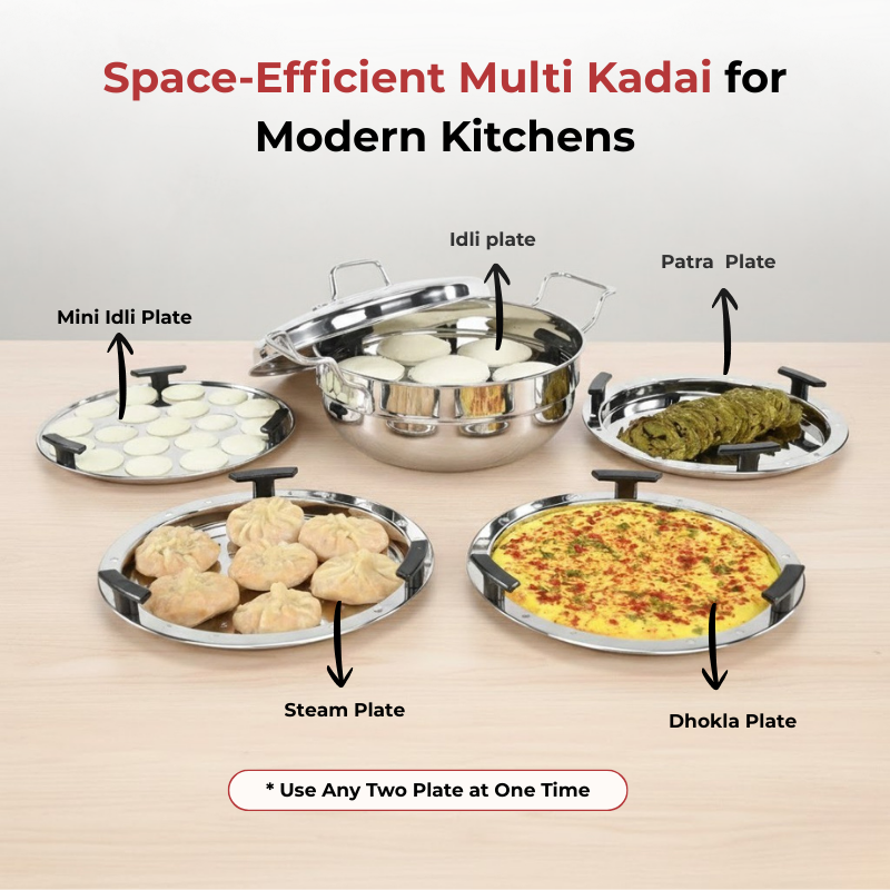 Vinod Doniv stainless steel induction bottom multi kadhai with 5 cooking plates, space saving highlight