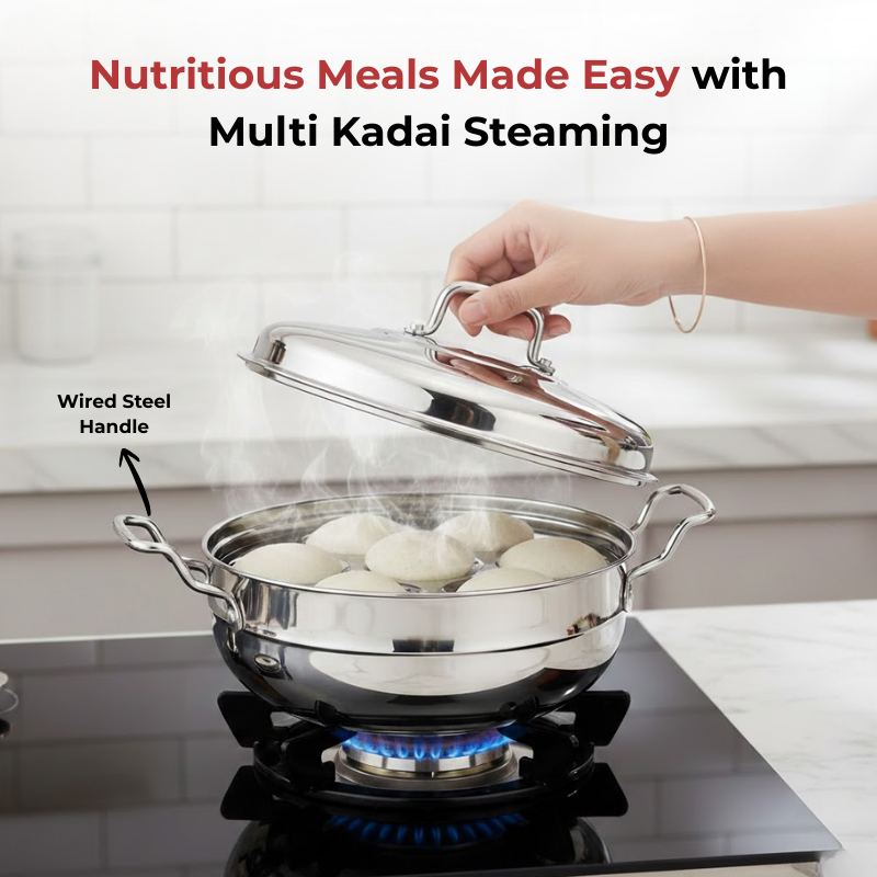 Vinod Doniv stainless steel induction bottom multi kadhai with 5 cooking plates, worry free cooking highlight