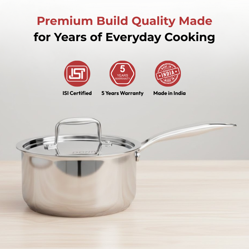 Vinod – Doniv Titanium Triply Stainless Steel Sauce Pan with Cover 14 cm, Capacity 1 Liter, Induction Friendly