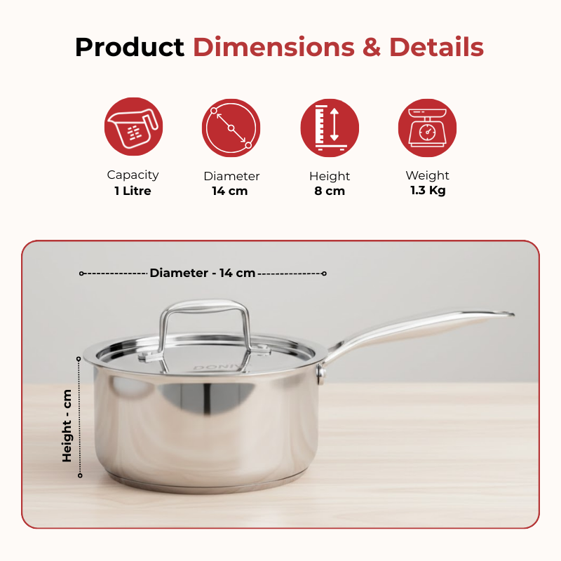 Vinod – Doniv Titanium Triply Stainless Steel Sauce Pan with Cover 14 cm, Capacity 1 Liter, Induction Friendly