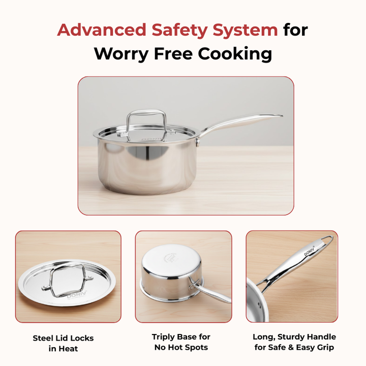 Vinod – Doniv Titanium Triply Stainless Steel Sauce Pan with Cover 14 cm, Capacity 1 Liter, Induction Friendly