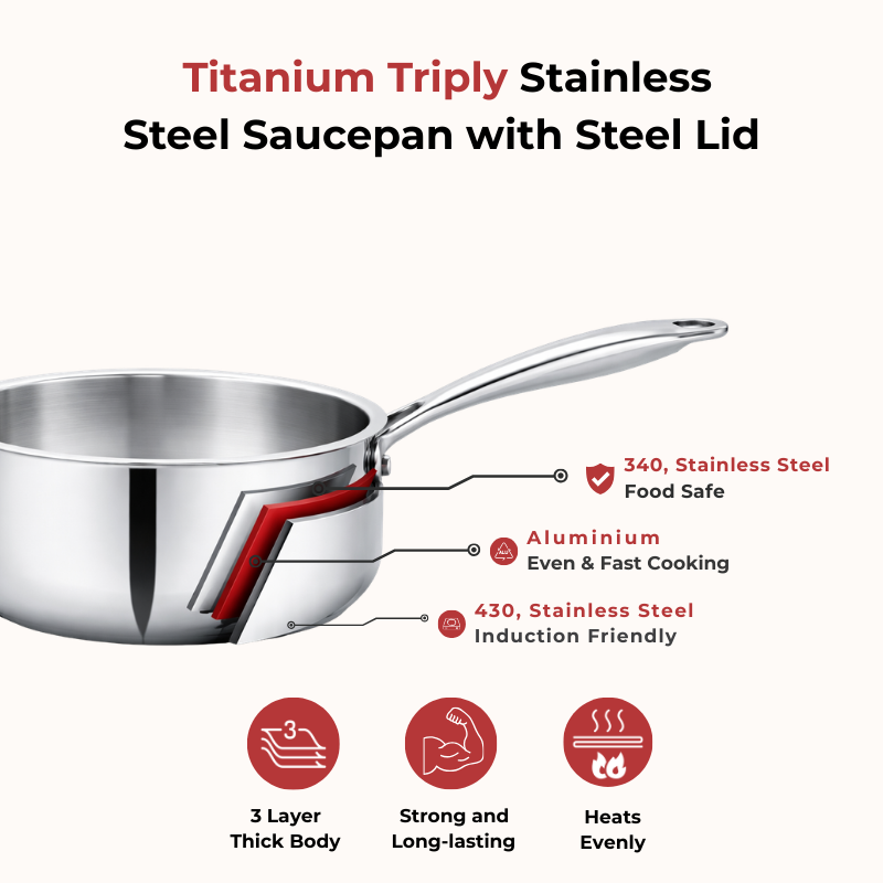 Doniv Titanium Triply Stainless Steel Sauce Pan with Cover 18 cm, Capacity 2.2 Liter, Induction Friendly