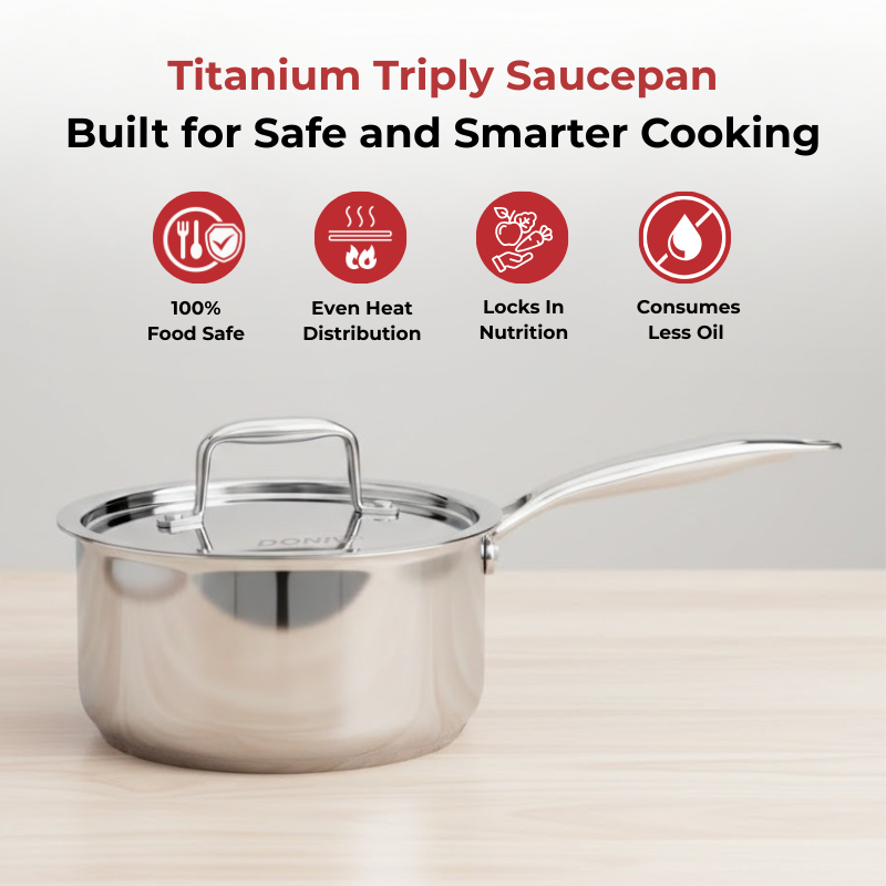 Vinod – Doniv Titanium Triply Stainless Steel Sauce Pan with Cover 14 cm, Capacity 1 Liter, Induction Friendly