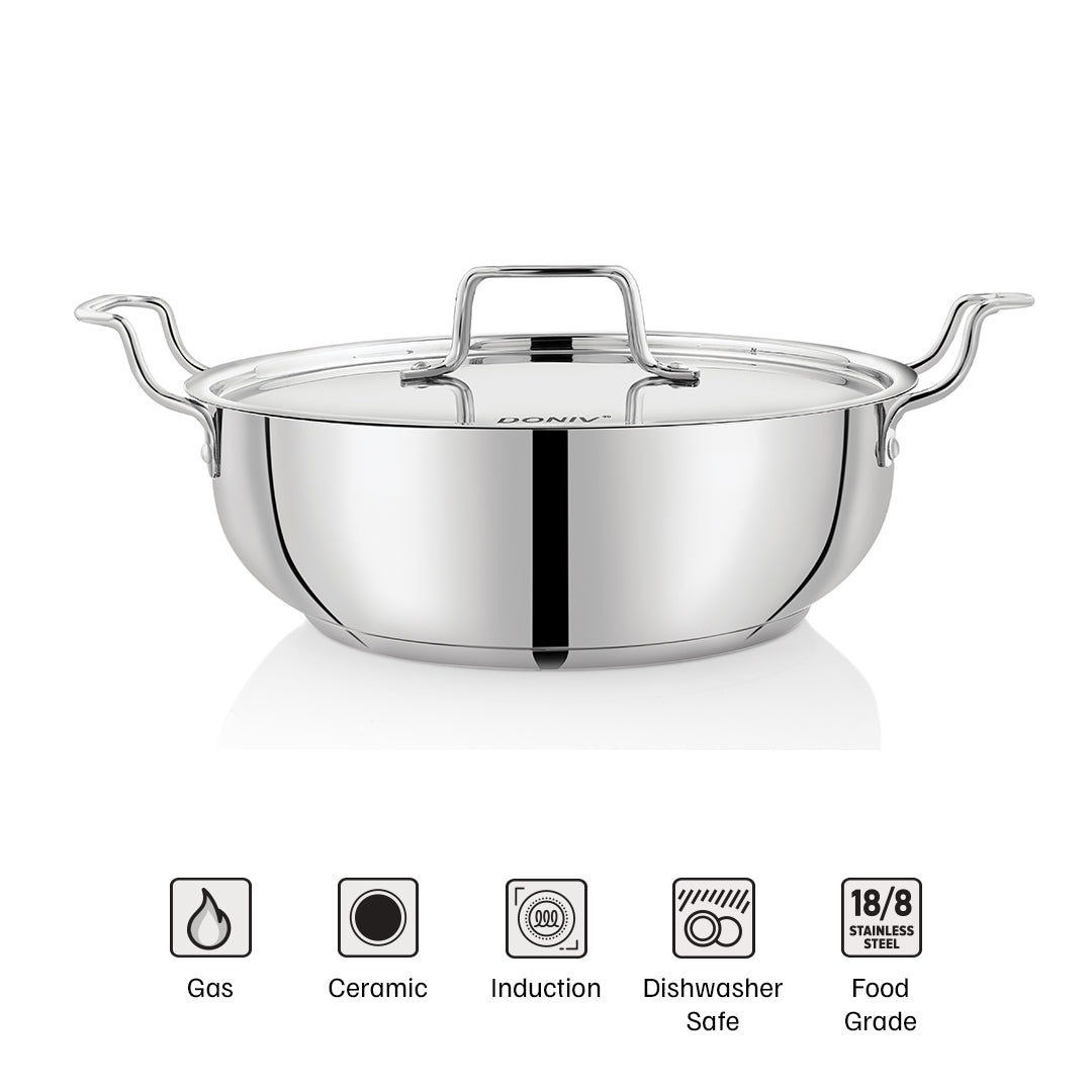 Vinod – Doniv Stainless Steel Majestic Sandwich Bottom Kadai with Steel Lid (5 Liter/ 30 cm) - Induction Friendly