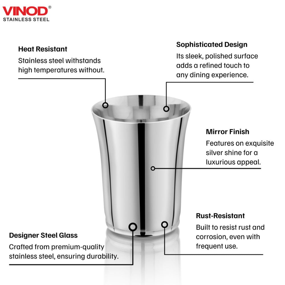 Vinod Alto stainless steel glass set of 6, 400 ml, mirror finish, feature overview