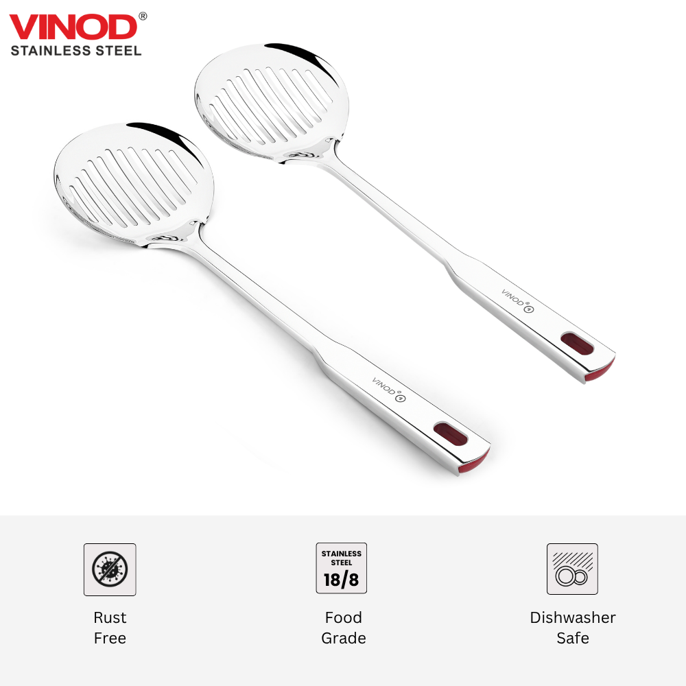 विनोद स्टेनलेस स्टील क्वींस स्किमर स्लॉटेड चम्मच तलने के लिए 38.5 सेमी I 2 का सेट I नंबर 2