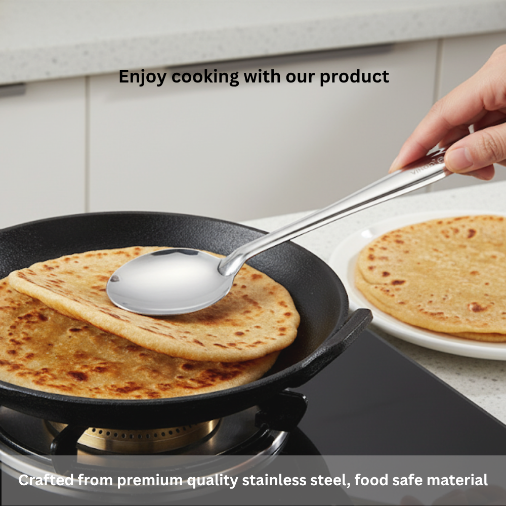विनोद स्टेनलेस स्टील पराठा पलटा 34 सेमी कुकिंग टर्नर चपाती, डोसा, उत्तपम, रोटी और पराठा के लिए फ्लैट प्लेन कुकिंग चम्मच स्टील स्पैटुला I आवश्यक रसोई उपकरण I 2 का सेट I नंबर 2
