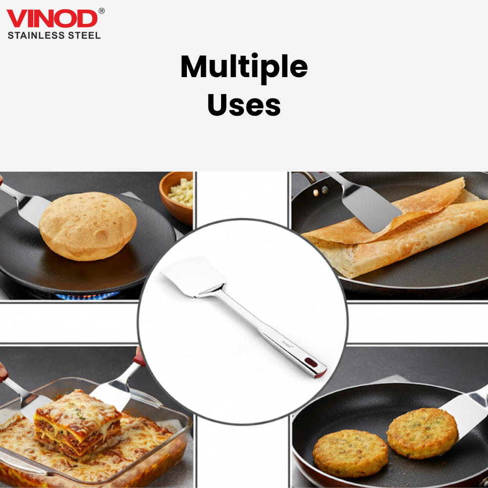 विनोद स्टेनलेस क्वींस स्टील रोटी टर्नर हैवी गेज फ्लैट प्लेन कुकिंग स्पून स्टील स्पैटुला I 2 का सेट I नंबर 1