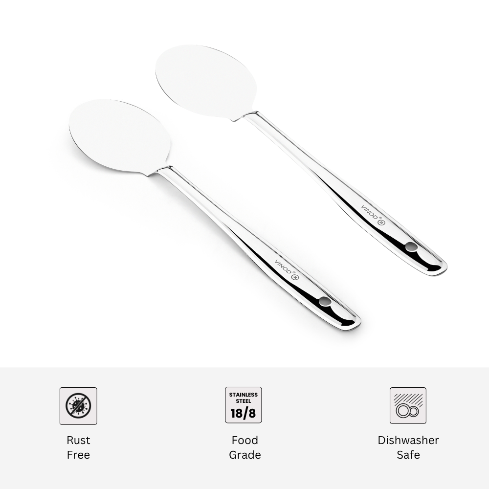 विनोद स्टेनलेस स्टील पराठा पलटा 34 सेमी कुकिंग टर्नर चपाती, डोसा, उत्तपम, रोटी और पराठा के लिए फ्लैट प्लेन कुकिंग चम्मच स्टील स्पैटुला I आवश्यक रसोई उपकरण I 2 का सेट I नंबर 2