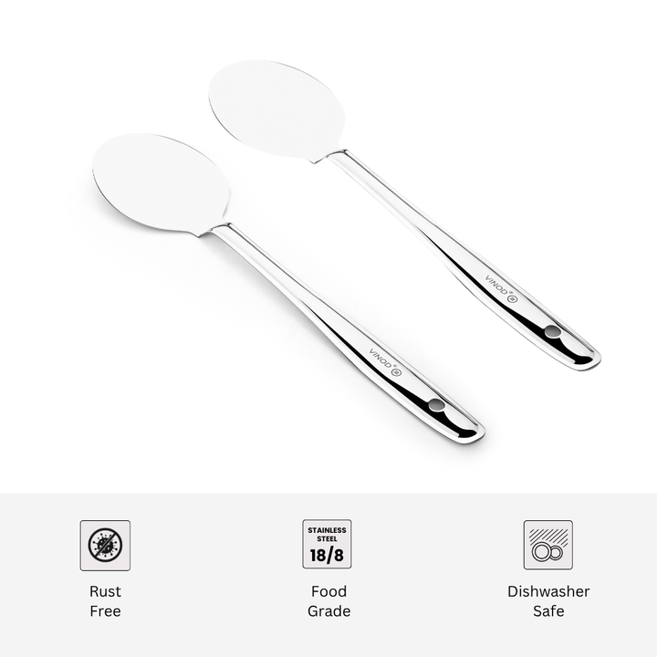 विनोद स्टेनलेस स्टील पराठा पलटा 34 सेमी कुकिंग टर्नर चपाती, डोसा, उत्तपम, रोटी और पराठा के लिए फ्लैट प्लेन कुकिंग चम्मच स्टील स्पैटुला I आवश्यक रसोई उपकरण I 2 का सेट I नंबर 2