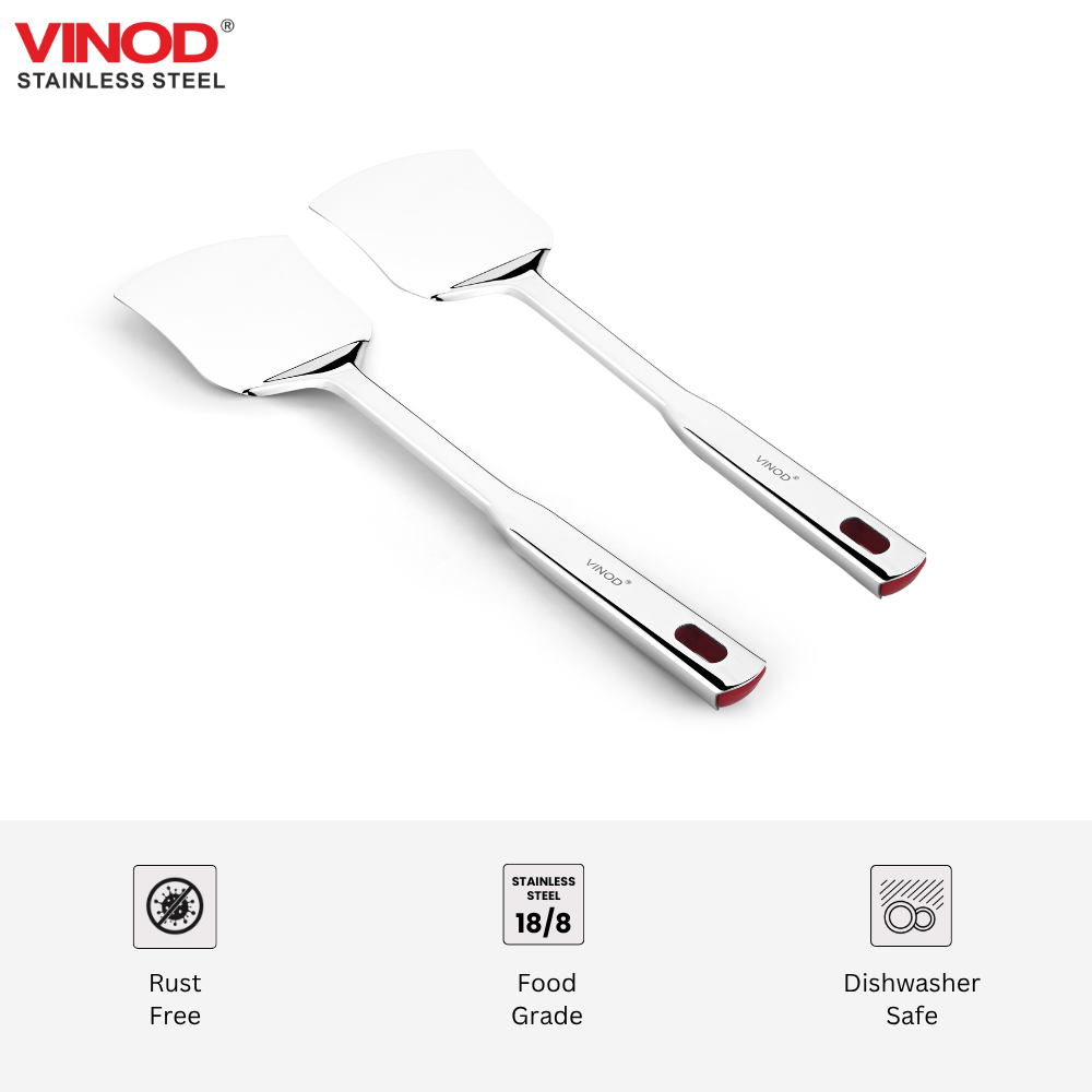 विनोद स्टेनलेस क्वींस स्टील रोटी टर्नर हैवी गेज फ्लैट प्लेन कुकिंग स्पून स्टील स्पैटुला I 2 का सेट I नंबर 1