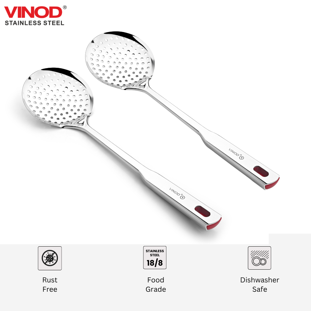 विनोद स्टेनलेस स्टील क्वेन्स छिद्रित स्किमर हेवी गेज स्ट्रेनर, झारा 38.5 सेमी I 2 का सेट I नंबर 2