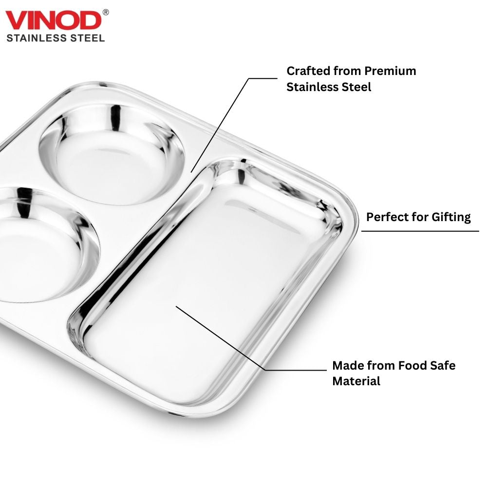 Vinod Stainless Steel 3 in 1 Compartment Plate Partition Plate 24.5 Cm Thali with Two Round Bowl, Mirror Polish, Rust Free, Dishwasher Safe, Kitchenware, Snack, Breakfast, Lunch Plate - pack of 2
