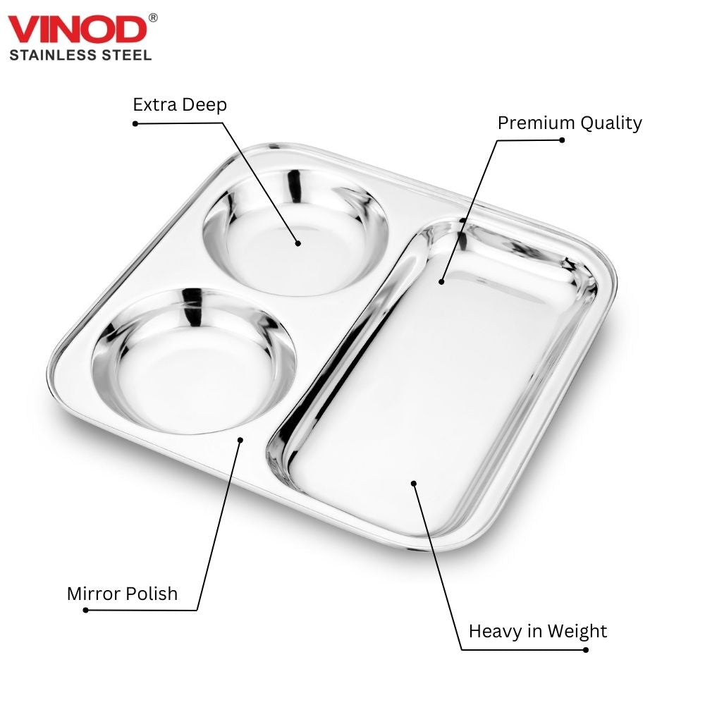 Vinod Stainless Steel 3 in 1 Compartment Plate Partition Plate 24.5 Cm Thali with Two Round Bowl, Mirror Polish, Rust Free, Dishwasher Safe, Kitchenware, Snack, Breakfast, Lunch Plate - pack of 2