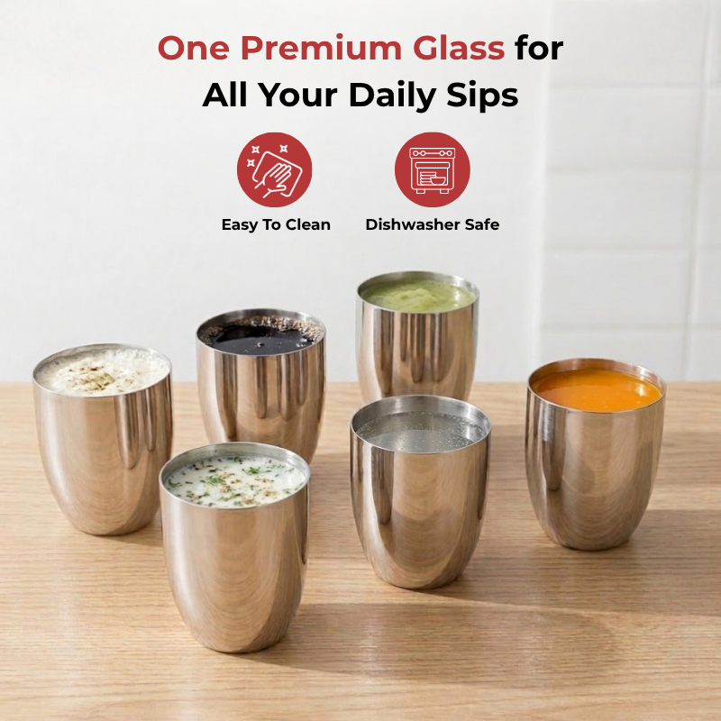 VINOD Stainless Steel Vento Glass Set of 6 - 300 ml, Highest Grade Steel, Mirror Finish, Rust Free, Easy to Clean & Dishwasher Safe