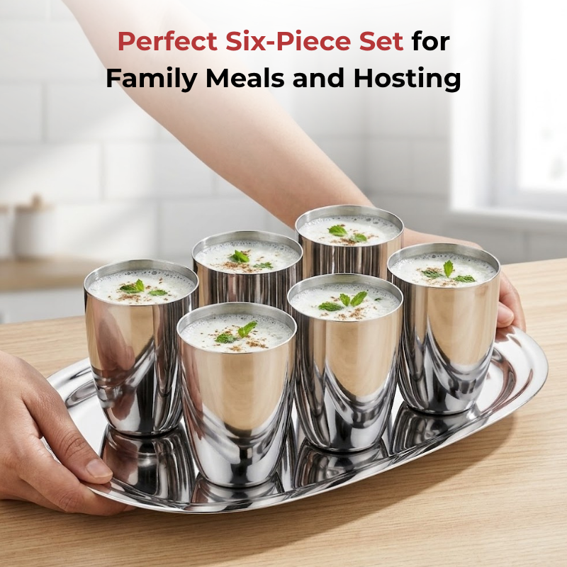 VINOD Stainless Steel Vento Glass Set of 6 - 300 ml, Highest Grade Steel, Mirror Finish, Rust Free, Easy to Clean & Dishwasher Safe