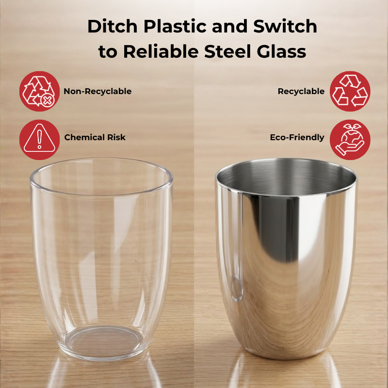 VINOD Stainless Steel Vento Glass Set of 6 - 300 ml, Highest Grade Steel, Mirror Finish, Rust Free, Easy to Clean & Dishwasher Safe