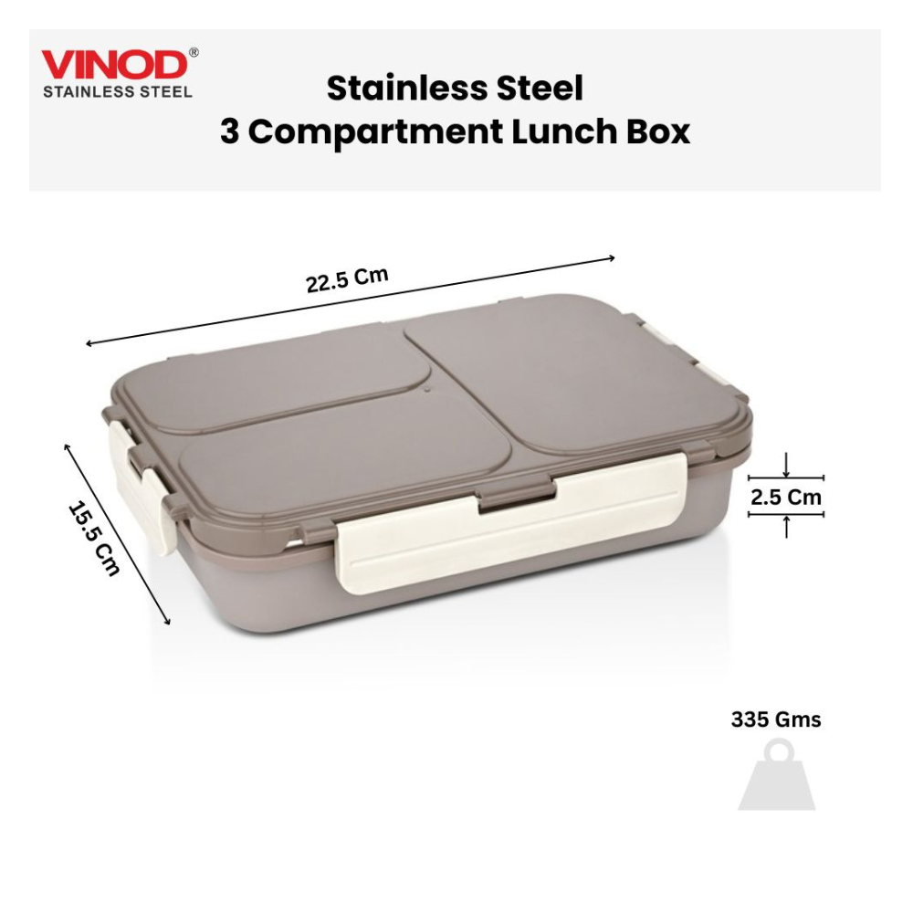 Vinod Stainless Steel 3 Compartment Leak-Proof Lunch Box Vacuum Sealed Tiffin Box for Office, Kids & Adults Freezer Safe Bento Box Airtight Container, Insulated with Safety Lock, Grey