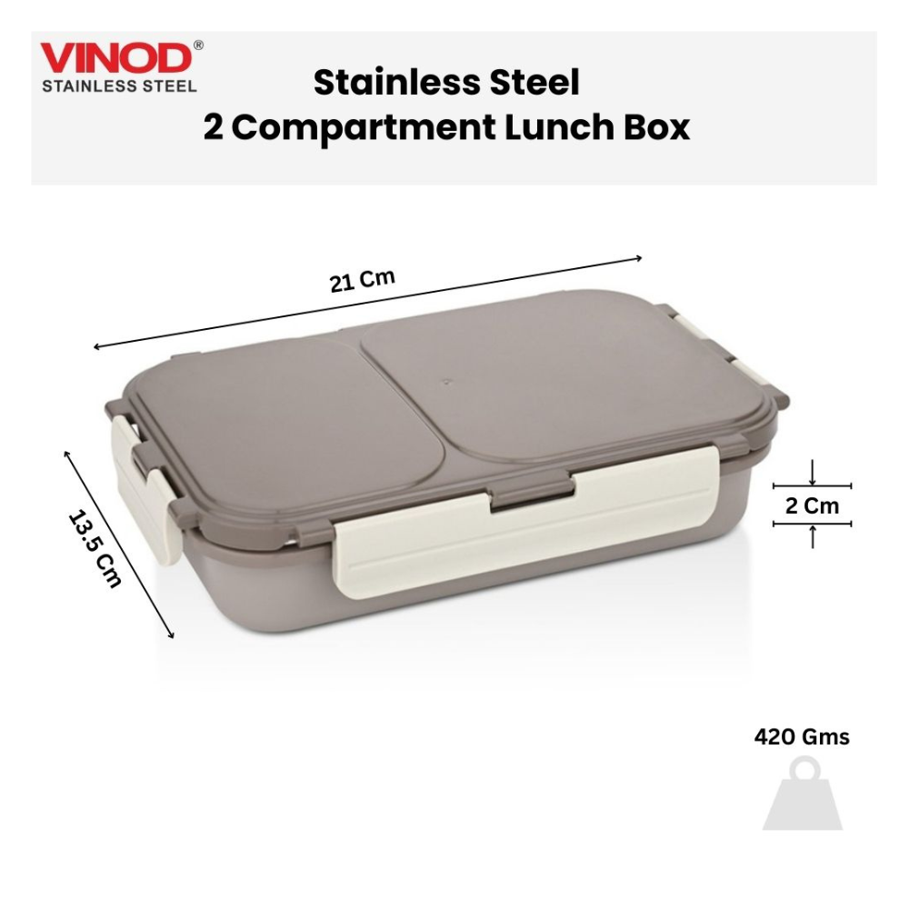 विनोद स्टेनलेस स्टील 2 कम्पार्टमेंट लीक-प्रूफ लंच बॉक्स वैक्यूम सीलबंद टिफिन बॉक्स ऑफिस, बच्चों और वयस्कों के लिए फ्रीजर सेफ बेंटो बॉक्स एयरटाइट कंटेनर, सेफ्टी लॉक के साथ इंसुलेटेड, ग्रे