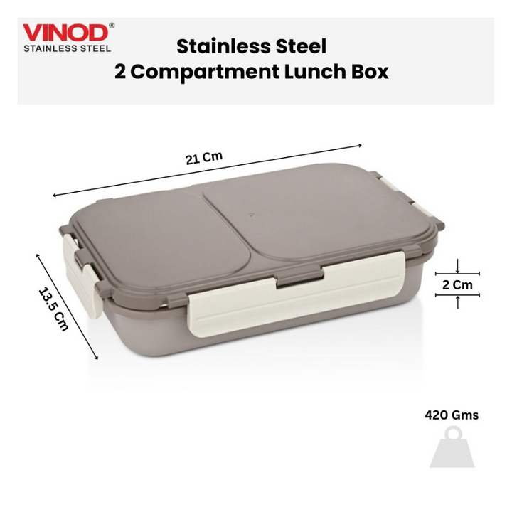 विनोद स्टेनलेस स्टील 2 कम्पार्टमेंट लीक-प्रूफ लंच बॉक्स वैक्यूम सीलबंद टिफिन बॉक्स ऑफिस, बच्चों और वयस्कों के लिए फ्रीजर सेफ बेंटो बॉक्स एयरटाइट कंटेनर, सेफ्टी लॉक के साथ इंसुलेटेड, ग्रे