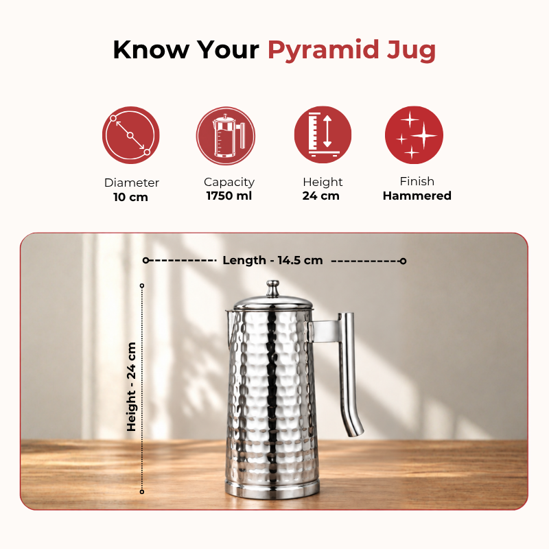 VINOD Pyramid Hammered Stainless Steel Water Jug 1750 ml with Lid – Premium Serving Jug for Dining Table & Home
