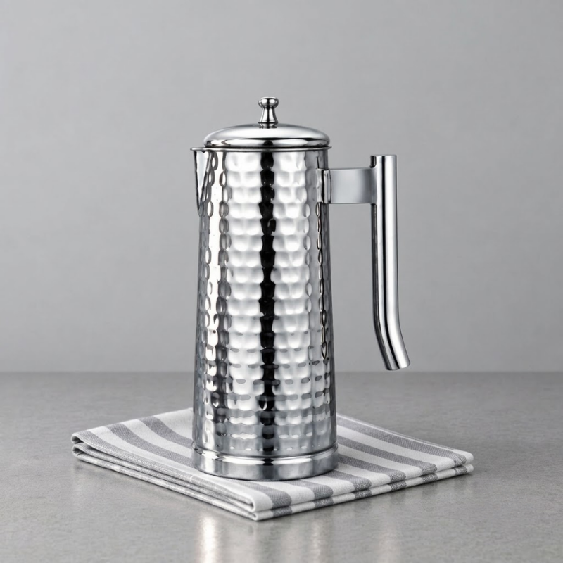 VINOD Pyramid Hammered Stainless Steel Water Jug 1750 ml with Lid – Premium Serving Jug for Dining Table & Home