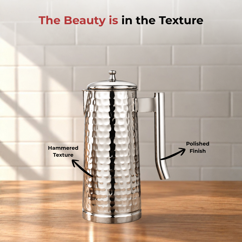 VINOD Pyramid Hammered Stainless Steel Water Jug 1750 ml with Lid – Premium Serving Jug for Dining Table & Home