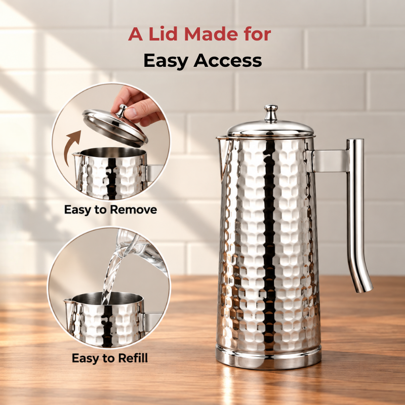 VINOD Pyramid Hammered Stainless Steel Water Jug 1750 ml with Lid – Premium Serving Jug for Dining Table & Home