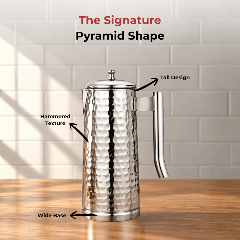 VINOD Pyramid Hammered Stainless Steel Water Jug 1750 ml with Lid – Premium Serving Jug for Dining Table & Home