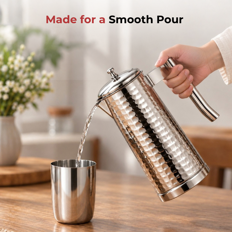 VINOD Pyramid Hammered Stainless Steel Water Jug 1750 ml with Lid – Premium Serving Jug for Dining Table & Home