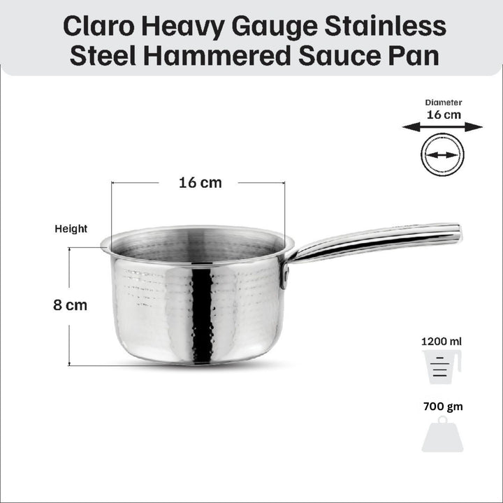 विनोद - क्लारो हेवी गेज स्टेनलेस स्टील हैमर्ड सॉस पैन, 1.5 मिमी - क्षमता 1200 मिलीलीटर