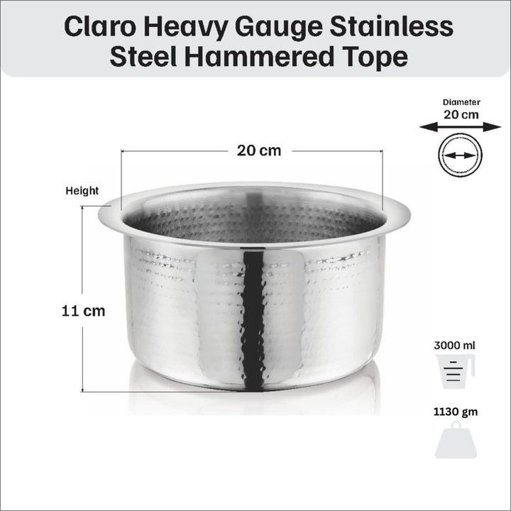 विनोद - क्लारो हेवी गेज स्टेनलेस स्टील हैमर्ड टोपे, 1.5 मिमी - क्षमता 3000 मिलीलीटर