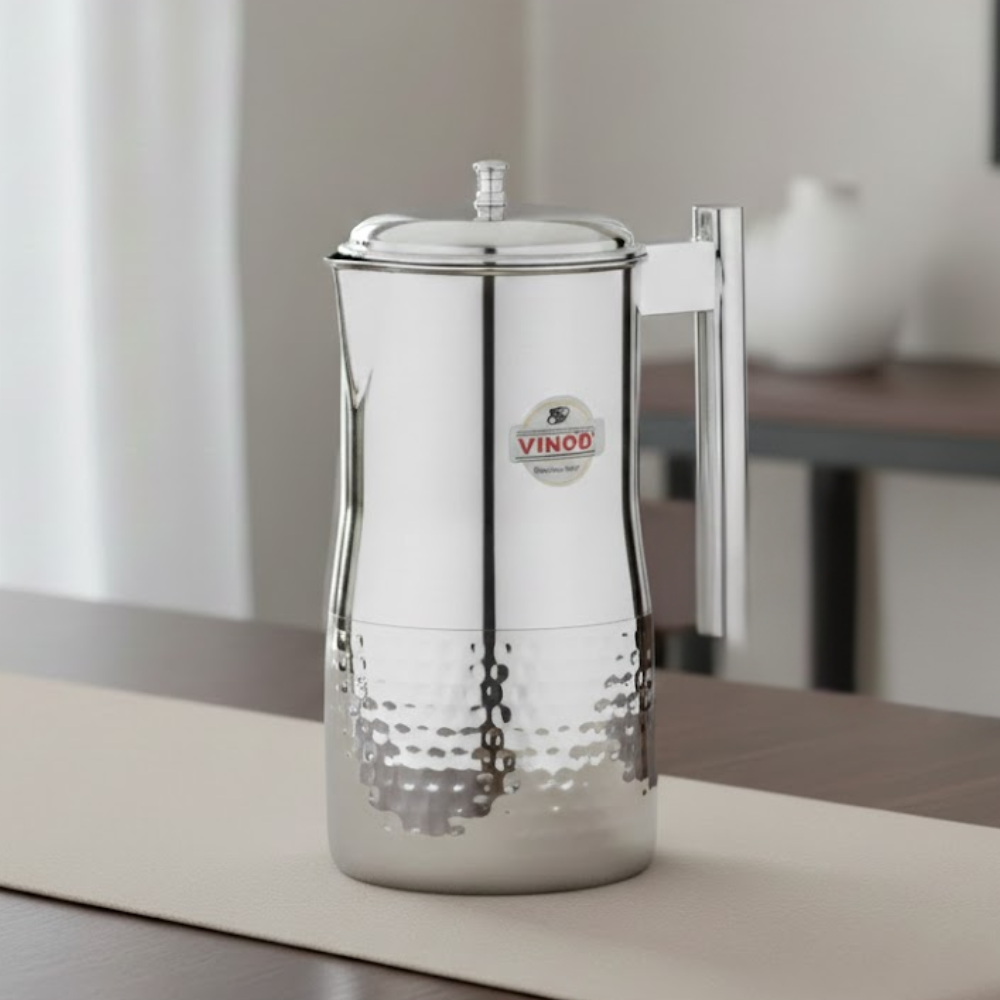 Vinod hammered stainless steel Magnum water pitcher jug with cover, 1700 ml, front view