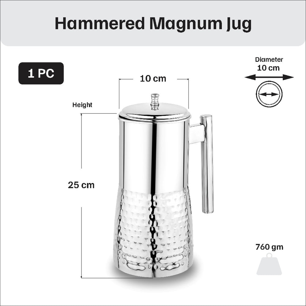 Vinod hammered stainless steel 51 piece dinner set, heavy gauge and dishwasher safe, Magnum jug close-up