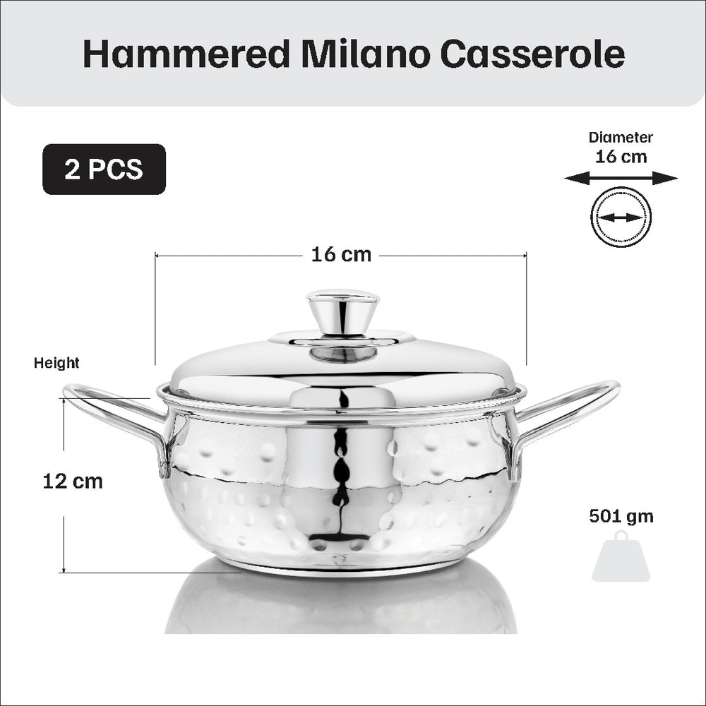 Vinod hammered stainless steel 51 piece dinner set, heavy gauge and dishwasher safe, Milano casserole 16 cm close-up