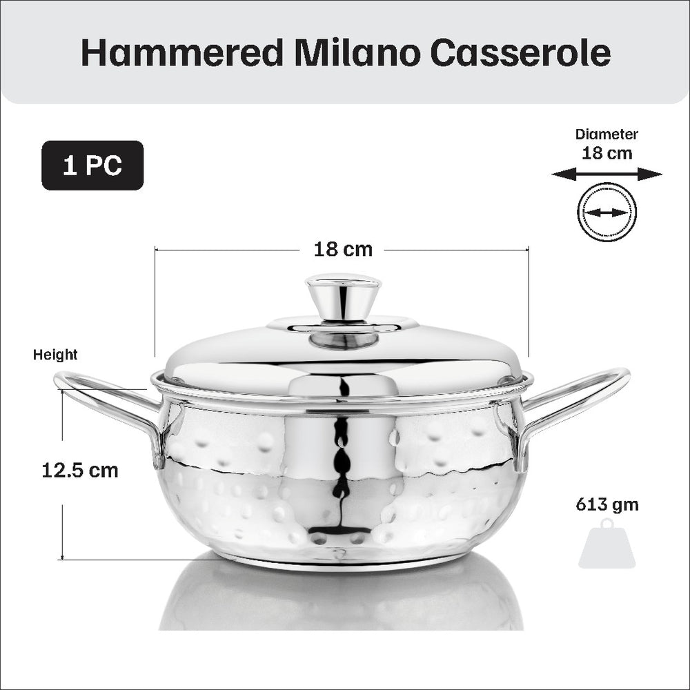 Vinod hammered stainless steel 51 piece dinner set, heavy gauge and dishwasher safe, Milano casserole 18 cm close-up