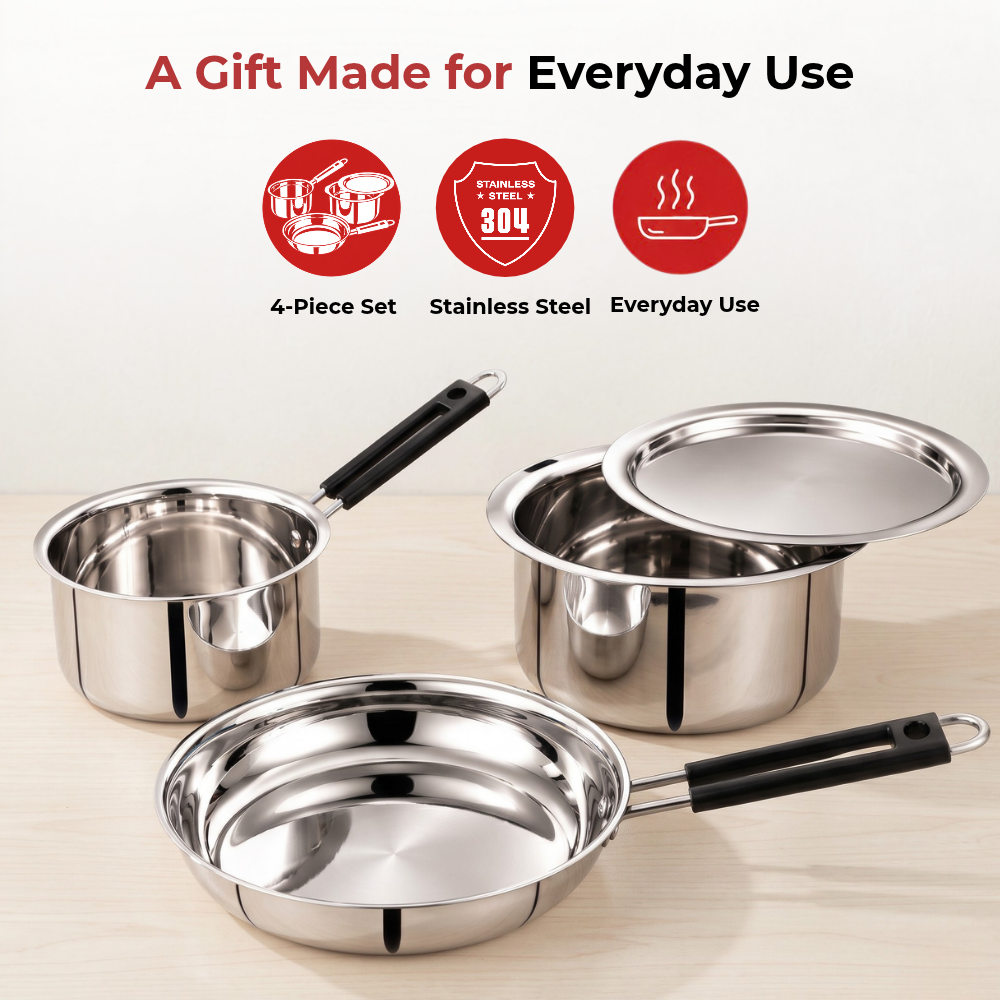 VINOD Stainless Steel Shubam 4-Piece Cookware Gift Set – Premium Sauce Pan 16.5 cm, Royal Fry Pan 20 cm & Flat Bottom Tope with Lid 20 cm | Cookware for Boiling, Frying, Sautéing, Cooking & Everyday Use