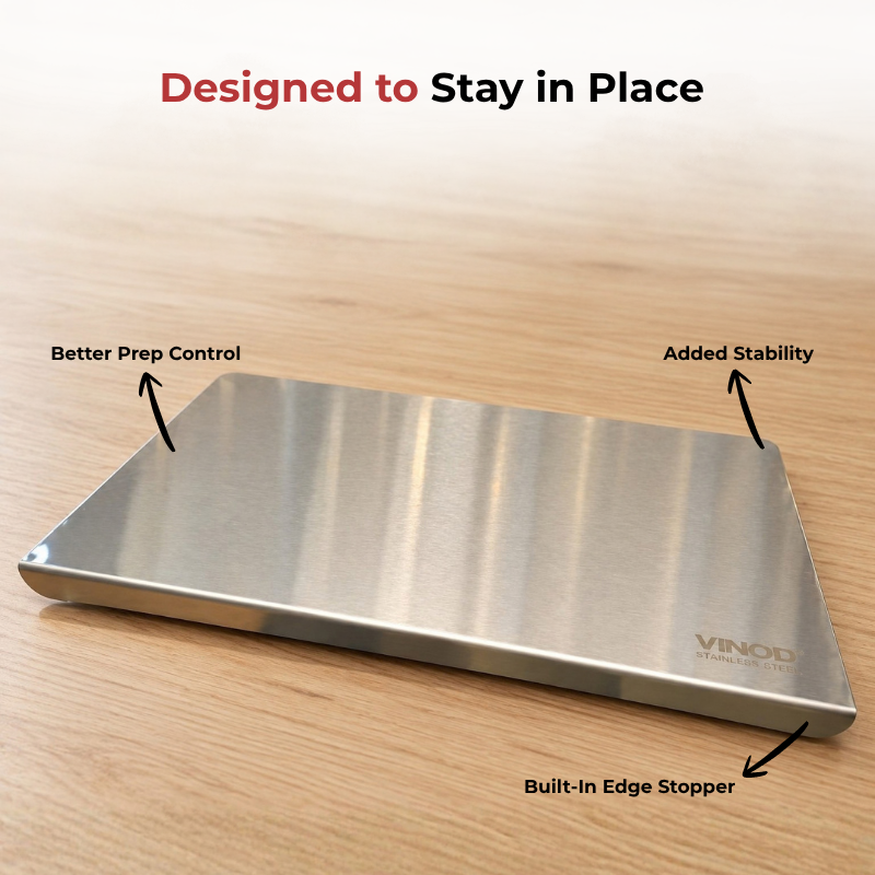 VINOD Stainless Steel Table Top Chopping Board with Counter Edge Stopper – Medium Steel Cutting Board for Chopping, Slicing, Mincing & Kneading. Steel Chopping Board for chopping vegetables, fruits & more.