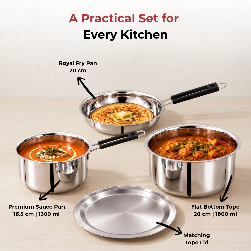 VINOD Stainless Steel Shubam 4-Piece Cookware Gift Set – Premium Sauce Pan 16.5 cm, Royal Fry Pan 20 cm & Flat Bottom Tope with Lid 20 cm | Cookware for Boiling, Frying, Sautéing, Cooking & Everyday Use