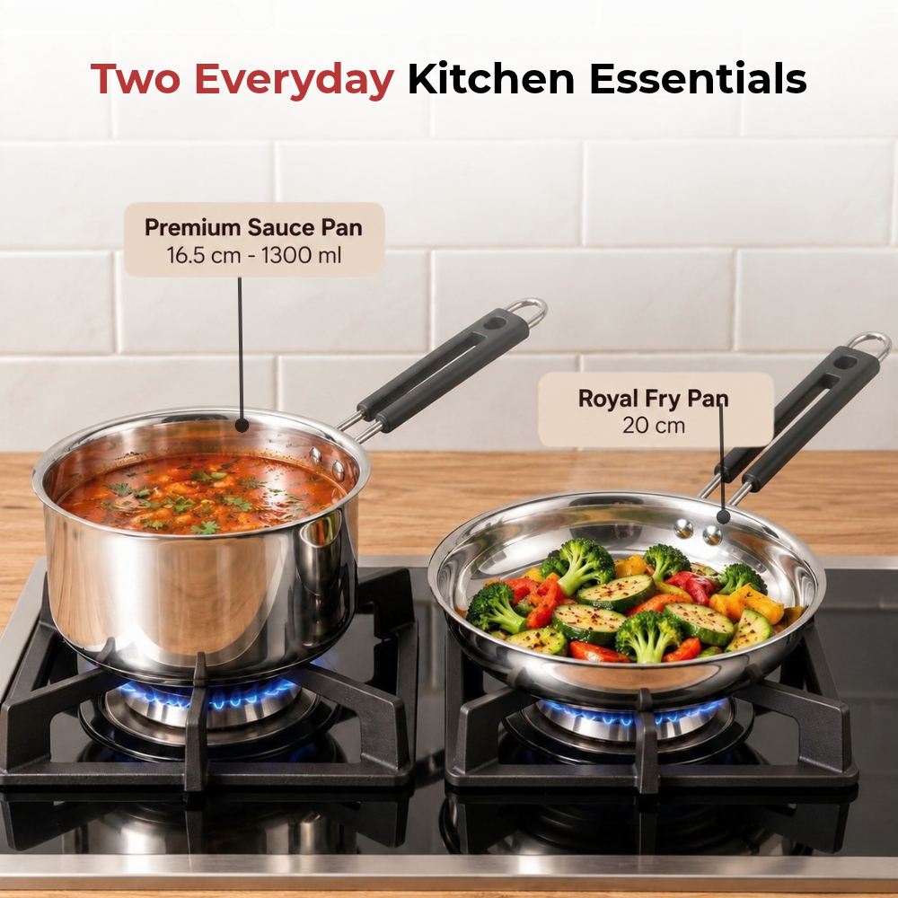 VINOD Stainless Steel Shubam 2-Piece Cookware Gift Set – Premium Sauce Pan 1300 ml (16.5 cm) & Royal Fry Pan 20 cm | Cookware for Boiling, Sautéing, Frying & Everyday Cooking