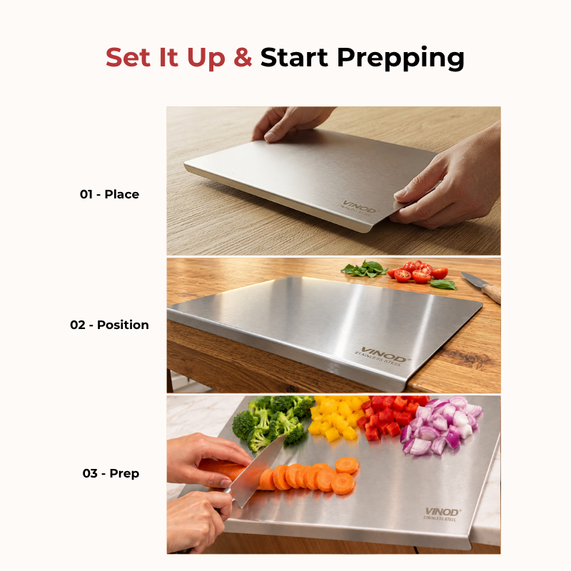 VINOD Stainless Steel Table Top Chopping Board with Counter Edge Stopper – Medium Steel Cutting Board for Chopping, Slicing, Mincing & Kneading. Steel Chopping Board for chopping vegetables, fruits & more.
